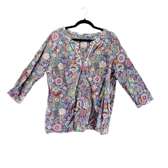 Talbots Top Womens Plus 2X Multicolor Floral Paisley Split Neck Cotton Blouse - Picture 1 of 8